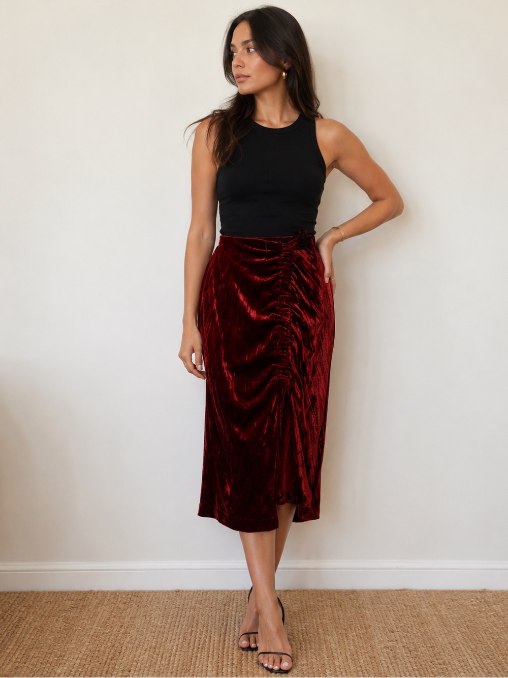 Zara Trafaluc Ruched Stretch Velvet Midi Skirt Sz M Rust Elastic Bodycon Fit